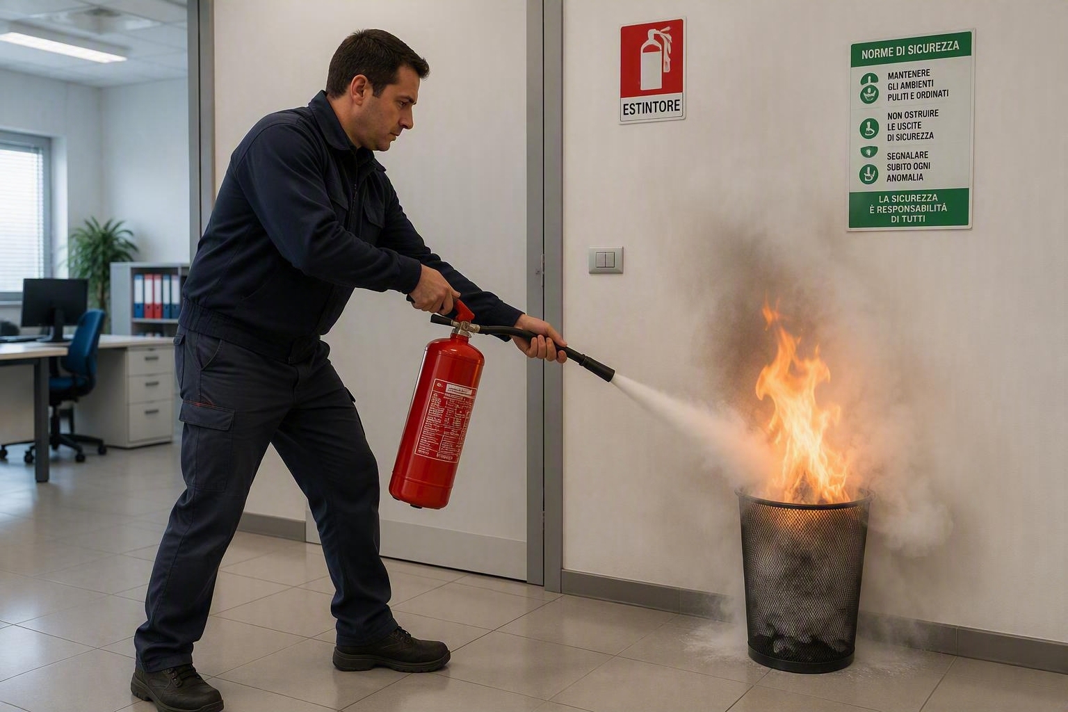 Addetto antincendio che usa un estintore su un principio di incendio