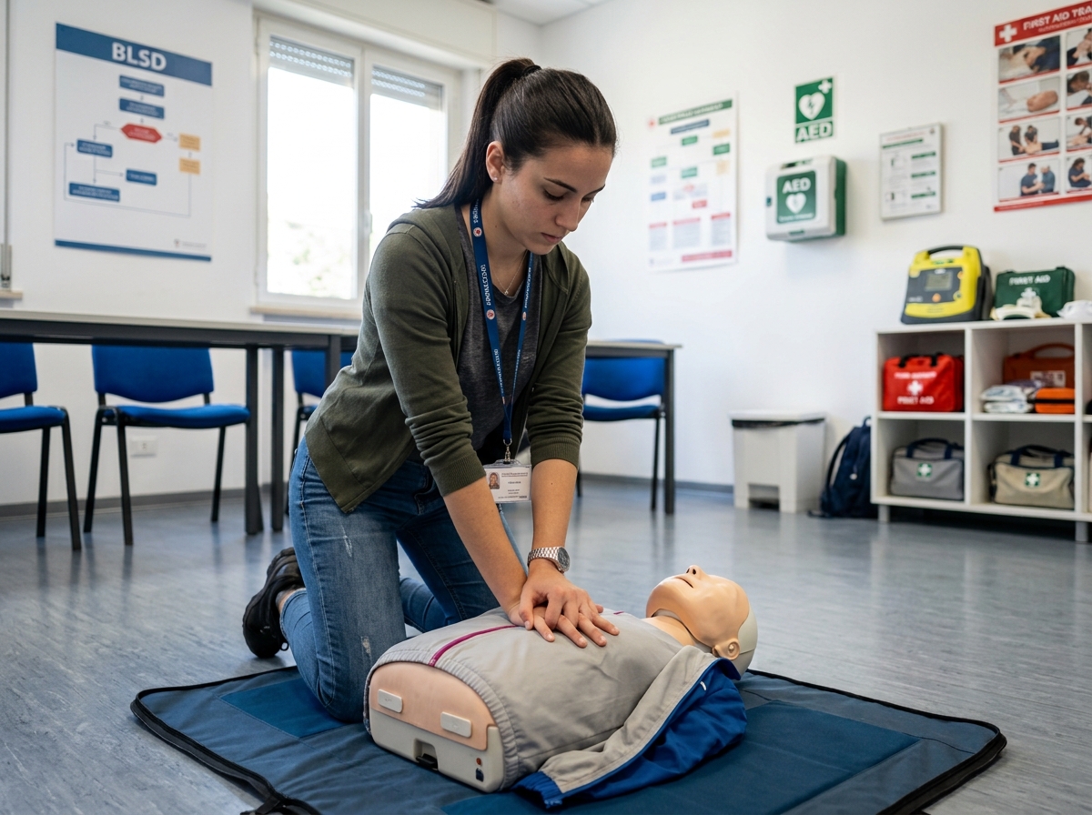 Esercitazione di rianimazione cardiopolmonare su manichino con defibrillatore